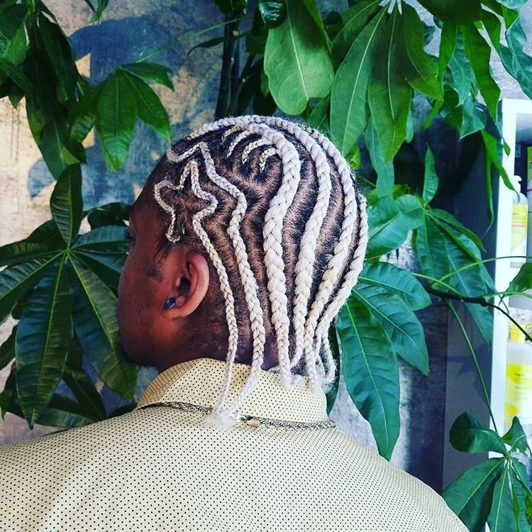 A person with blonde braided hair styled with star and spiral designs, standing in front of large green leafy plants.