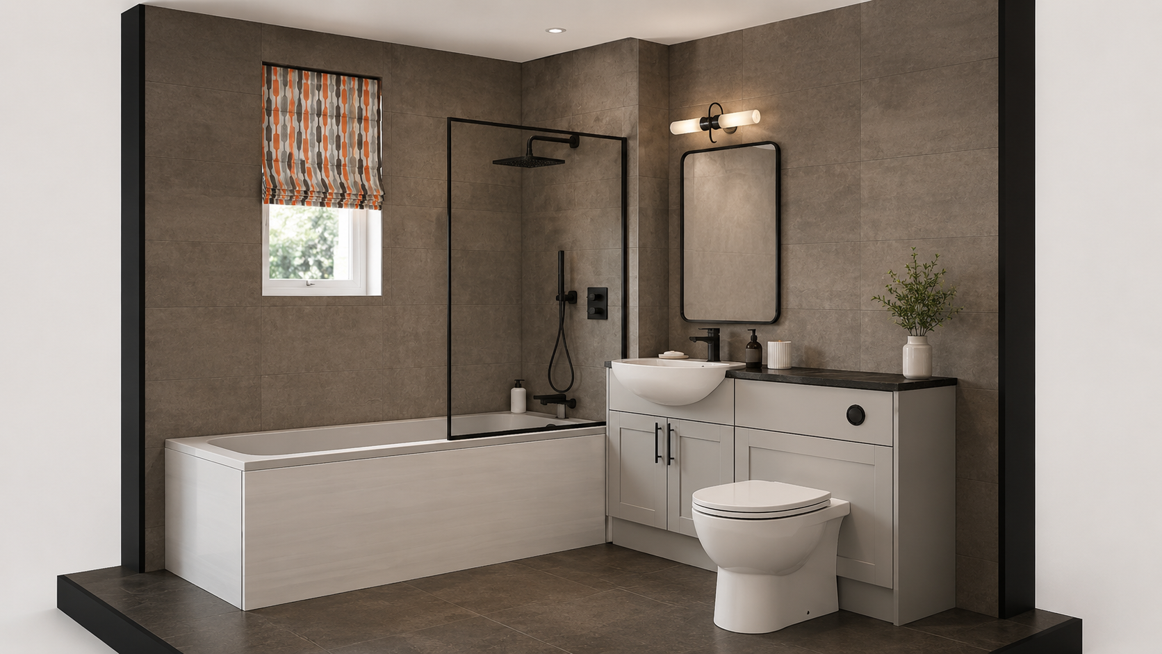 Photorealistic bathroom design visual with a bath and shower, grey vanity, black fittings, warm stone-effect tiles and orange patterned blind.