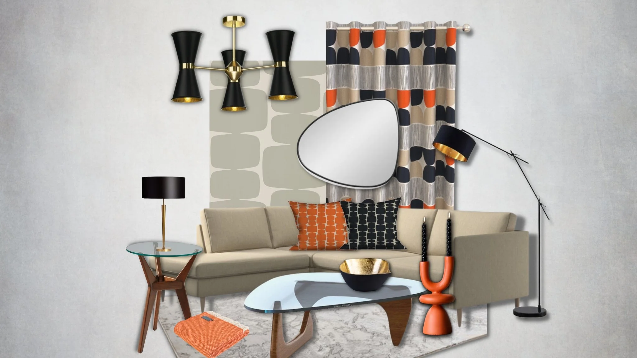 Living room interior design concept board with warm neutrals, orange accents, patterned textiles, statement lighting and mid-century inspired furniture.