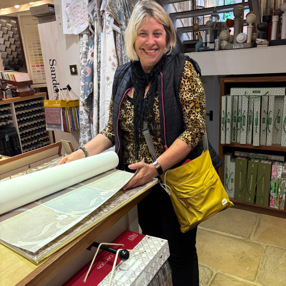 Chantal Thomas selecting fabrics and finishes for an interior design project