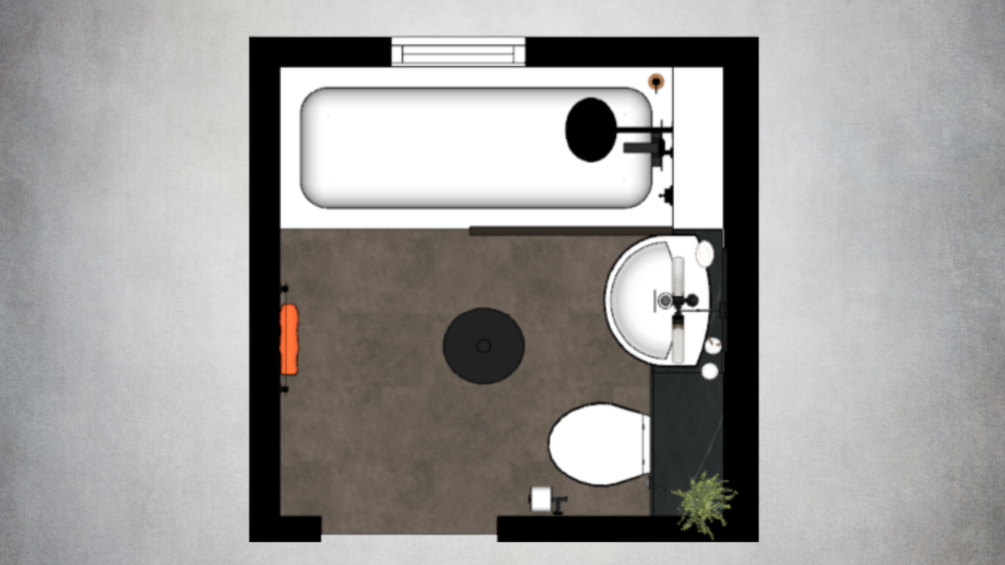 2D bathroom floor plan showing the proposed layout of the bath, vanity, basin and toilet within a compact space.