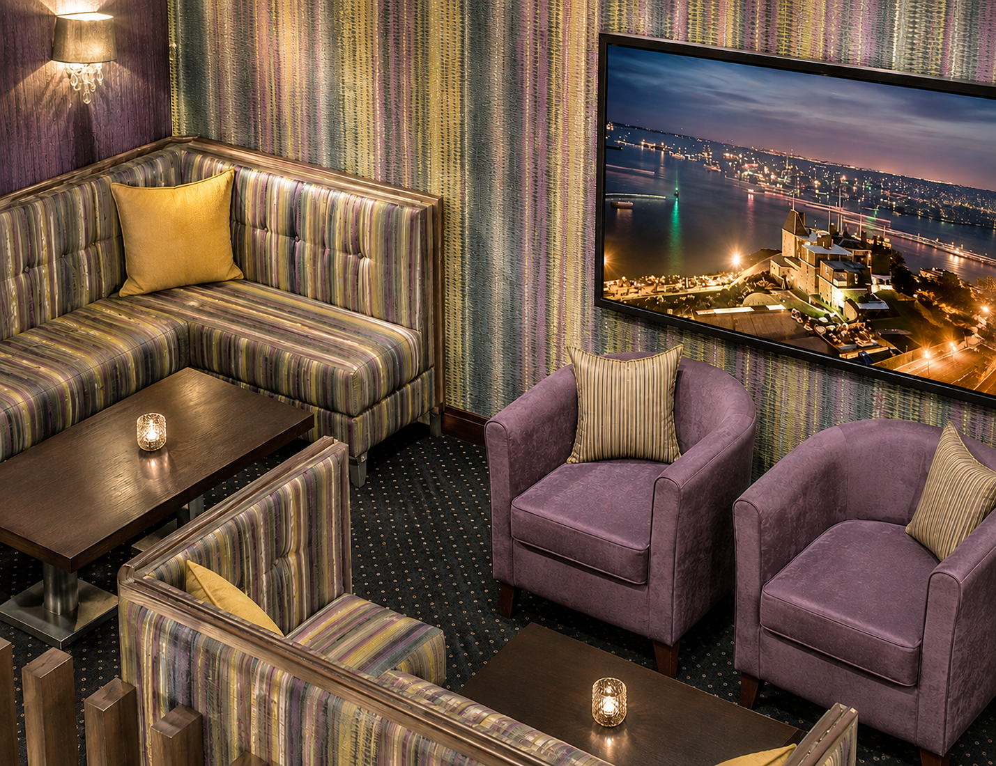 Boutique hotel lounge interior design visual with zoned seating and coastal-inspired scheme