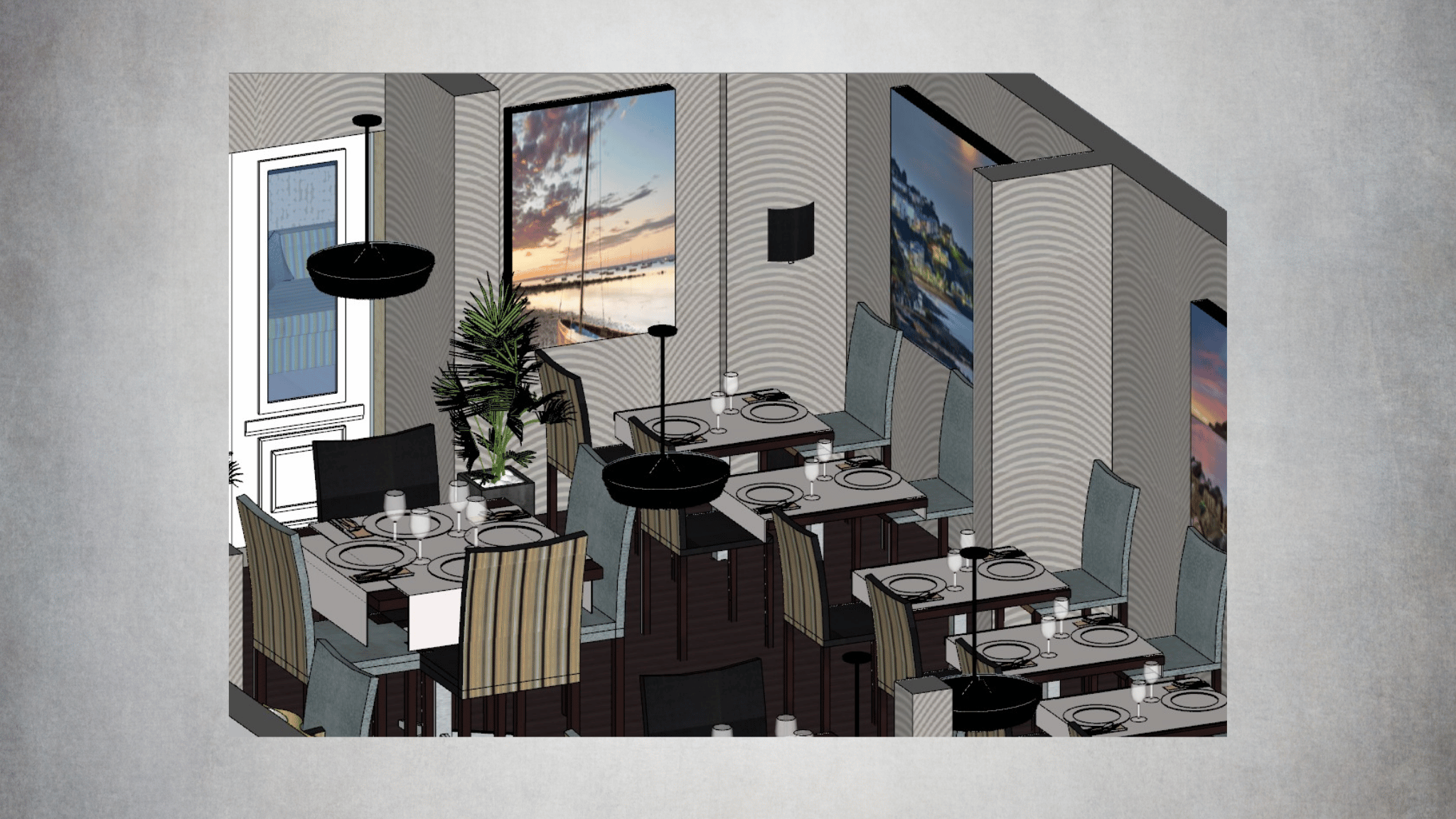 3D restaurant interior visual showing table layout, seating, lighting and coastal artwork