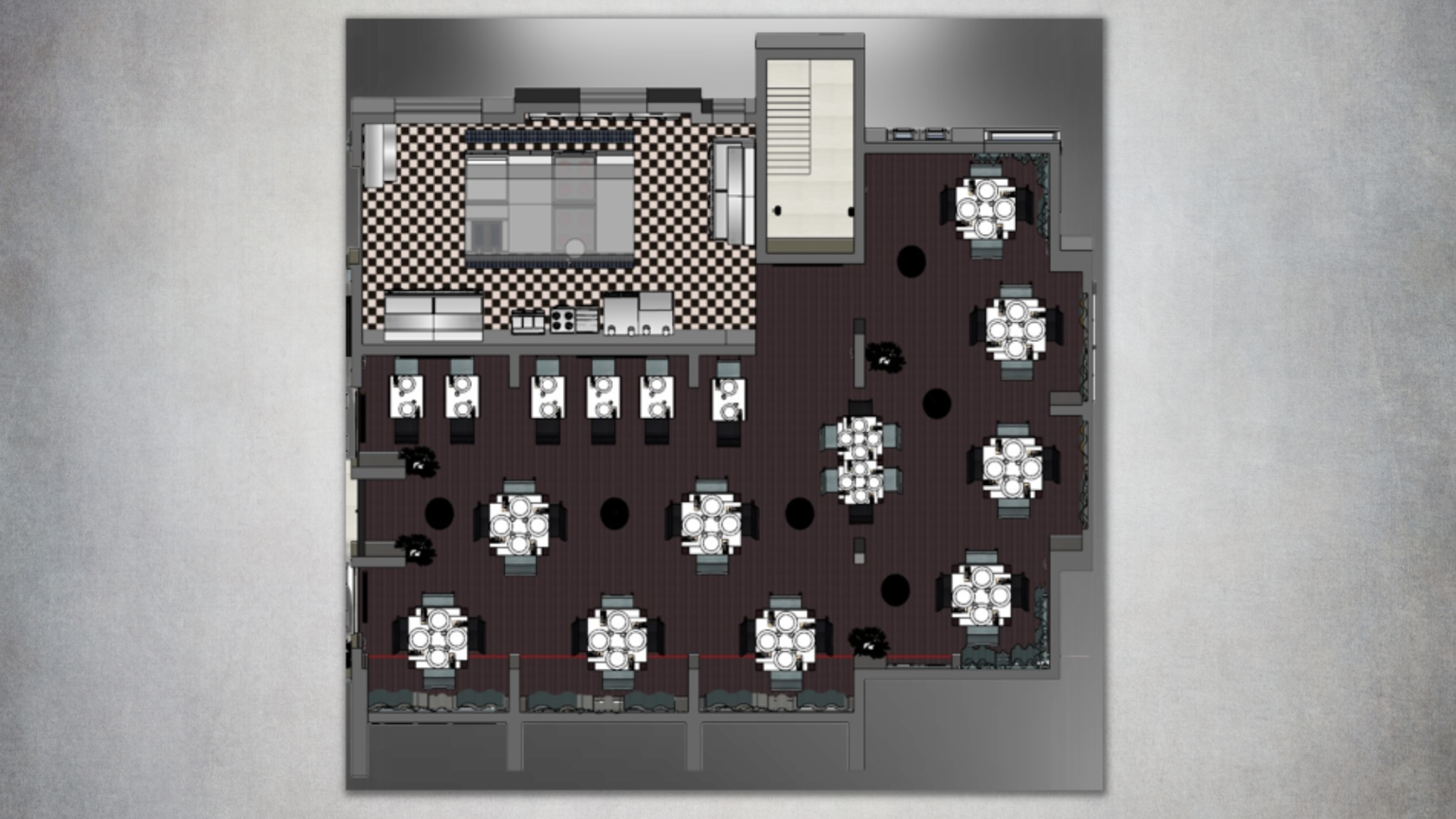 Restaurant interior design floor plan showing dining layout, kitchen and space planning