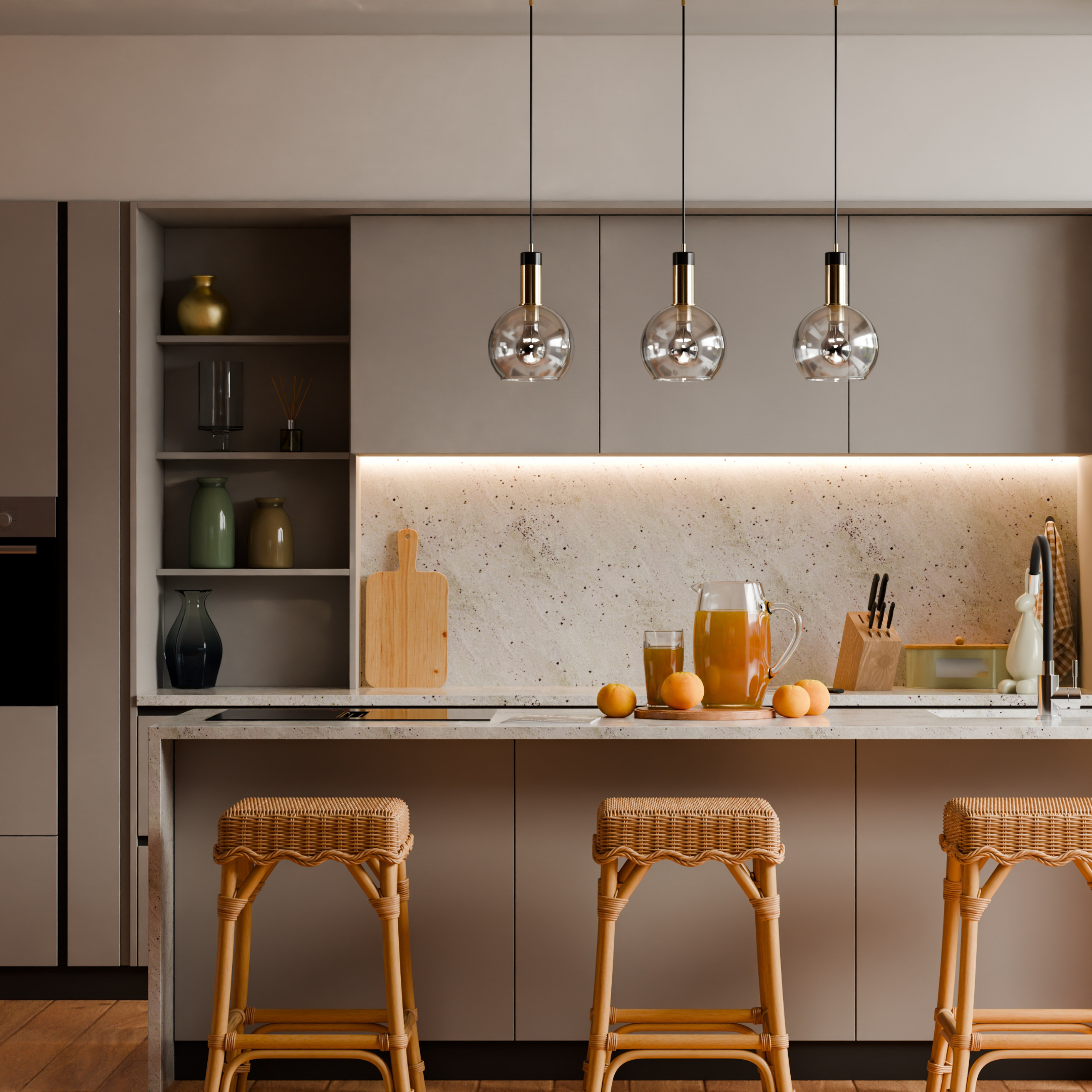 Contemporary kitchen with island seating, pendant lights and practical task lighting