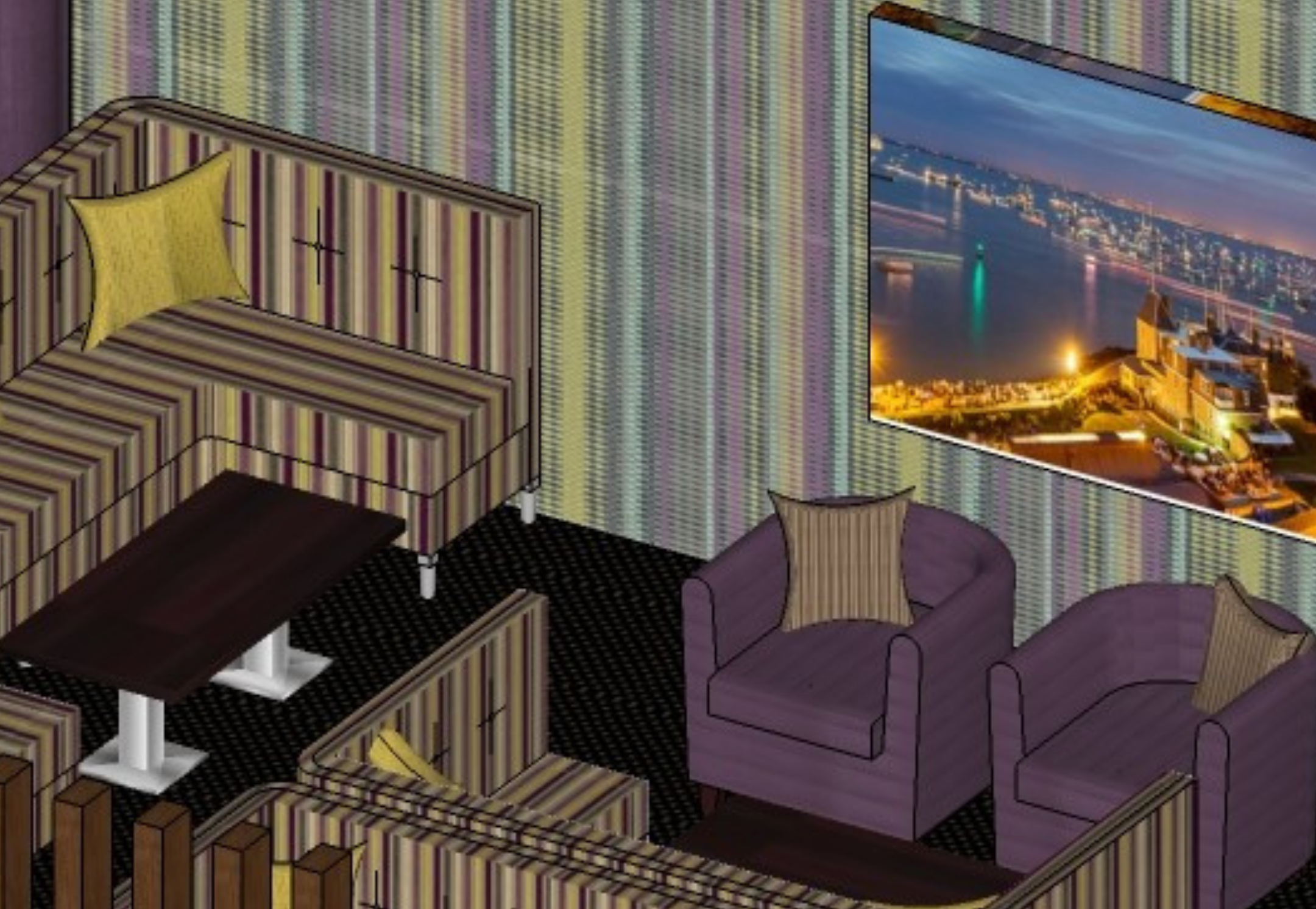 3D boutique hotel lounge design showing banquette seating, armchairs and furniture layout