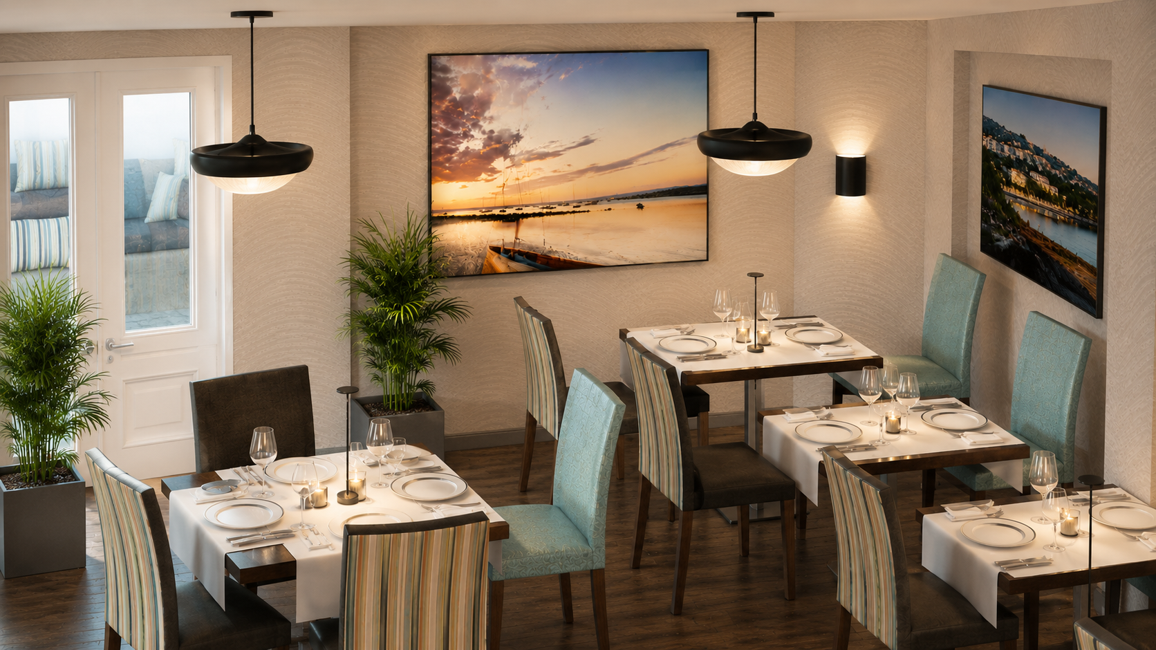 Photorealistic restaurant interior design visual showing dining layout, lighting and coastal-inspired scheme