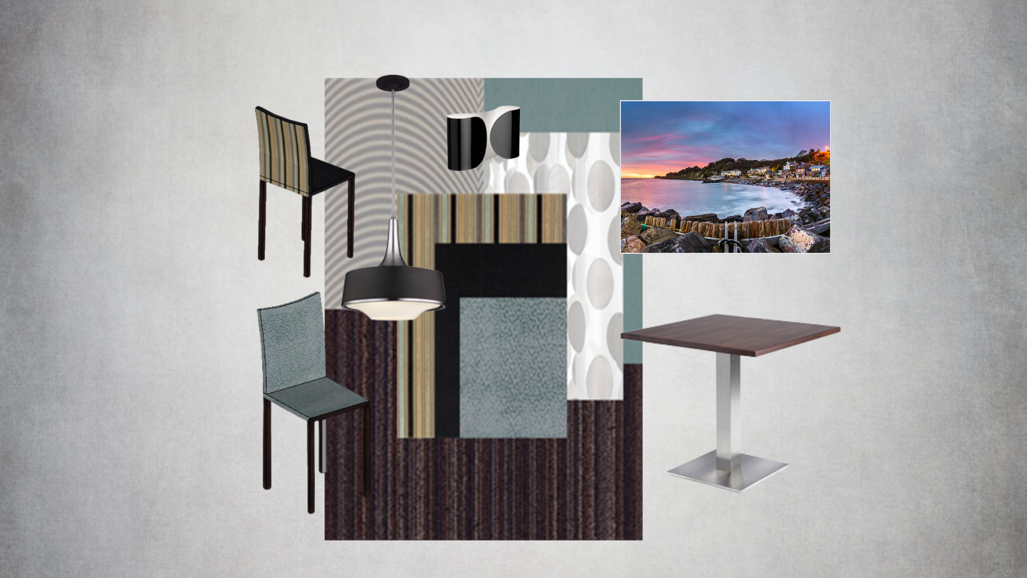 Restaurant interior design concept board with furniture, lighting, finishes and coastal inspiration