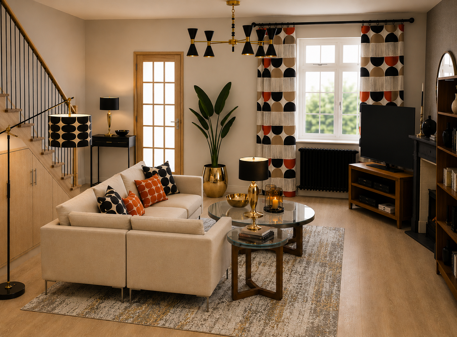 Photorealistic living room interior design visual showing a warm neutral scheme, sectional sofa, patterned curtains, layered lighting and wood furniture.