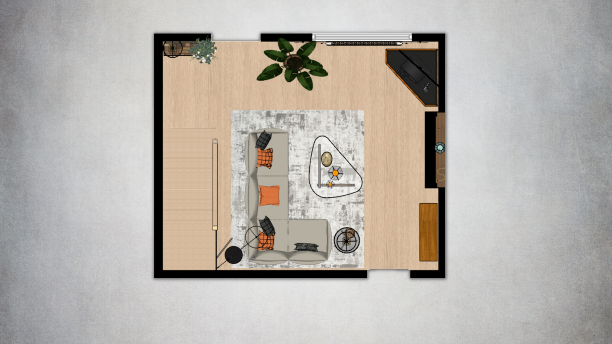 2D living room floor plan showing the proposed furniture layout, seating arrangement and circulation through the space.