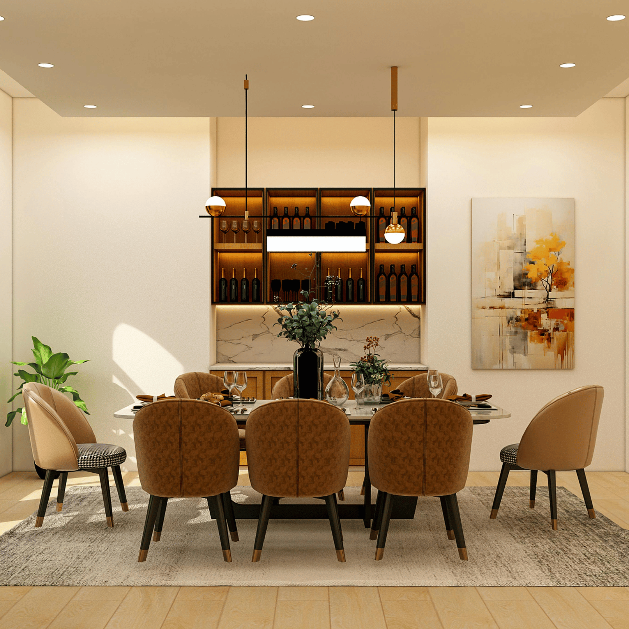 Dining room with pendant lighting over a large table, creating a warm and defined dining area.