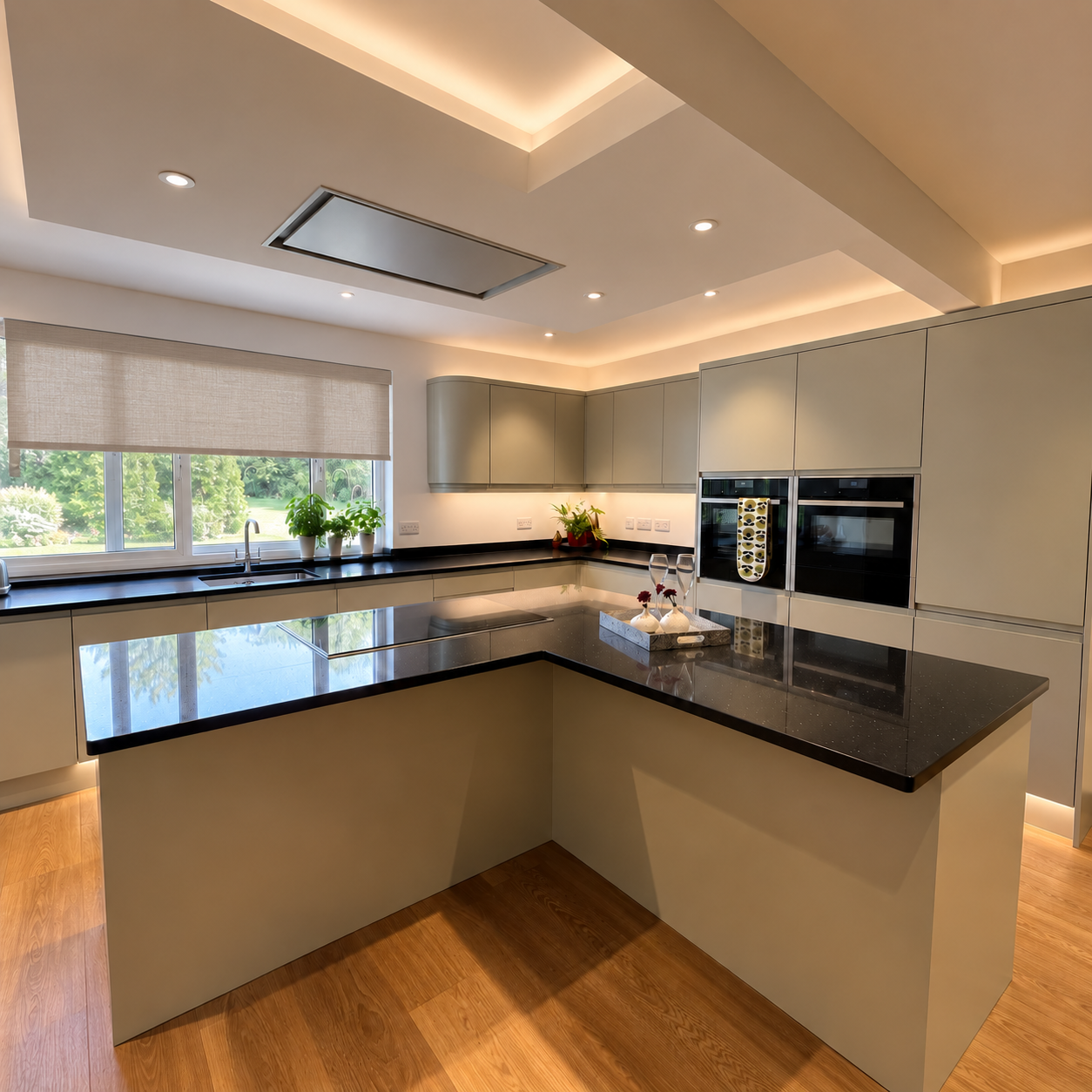 Contemporary pale sage kitchen with large island, integrated ovens and warm ambient lighting