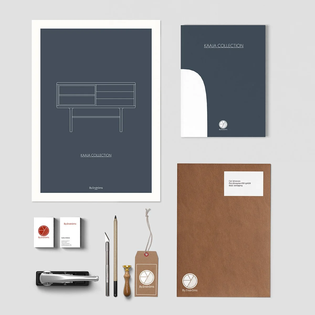 Minimalist stationery design for By Enströms including business cards and letterheads with a clean, high end aesthetic.