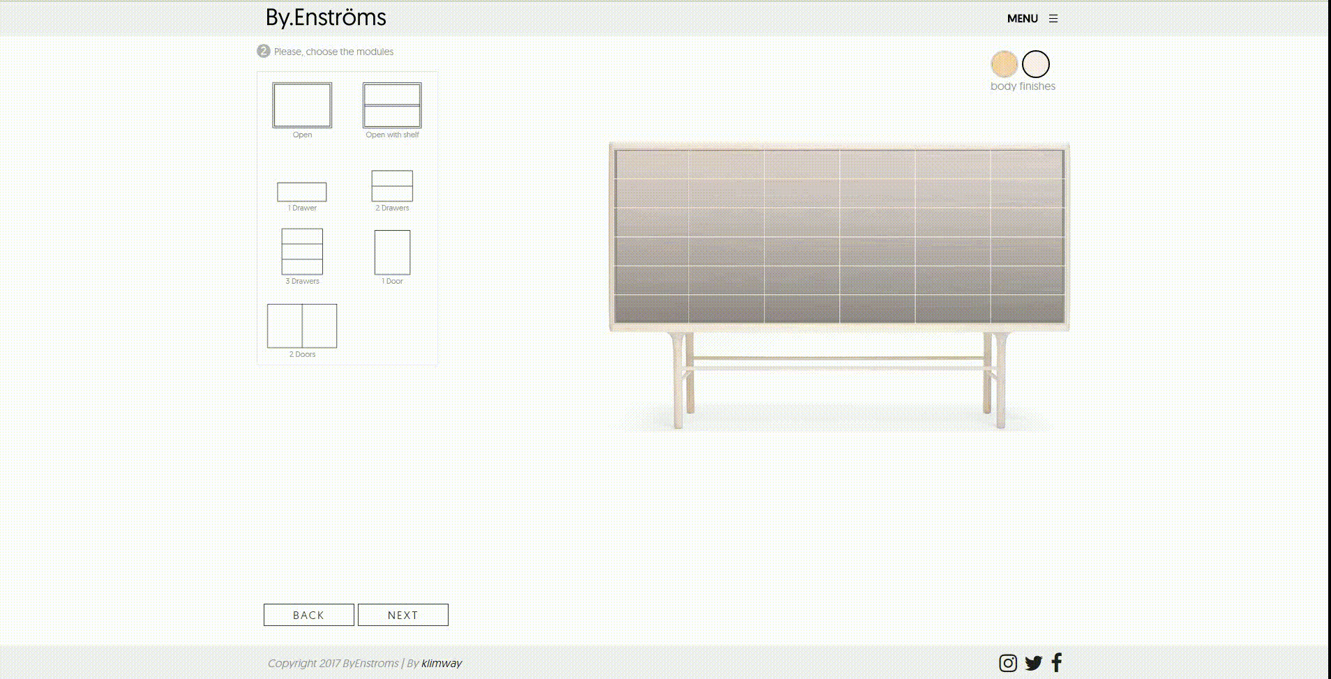 An animated preview of the By Enströms web application, allowing users to customize finishes and modules of the Kaaja collection.
