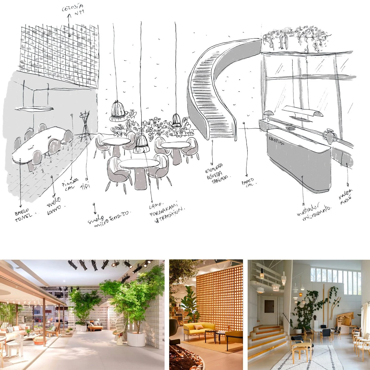 Bocetos para dirección de arte que muestran una escena para modelar y renderizar