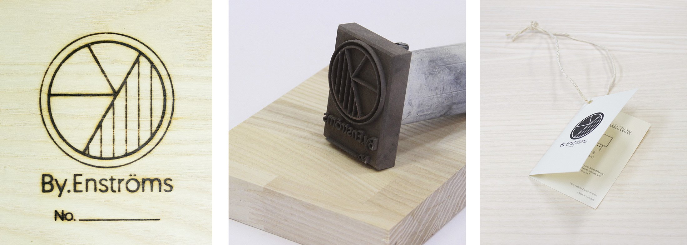 Close up details of the By Enströms brand applied physically, showing a metal wood engraving stamp and serial number labels attached to the furniture pieces.