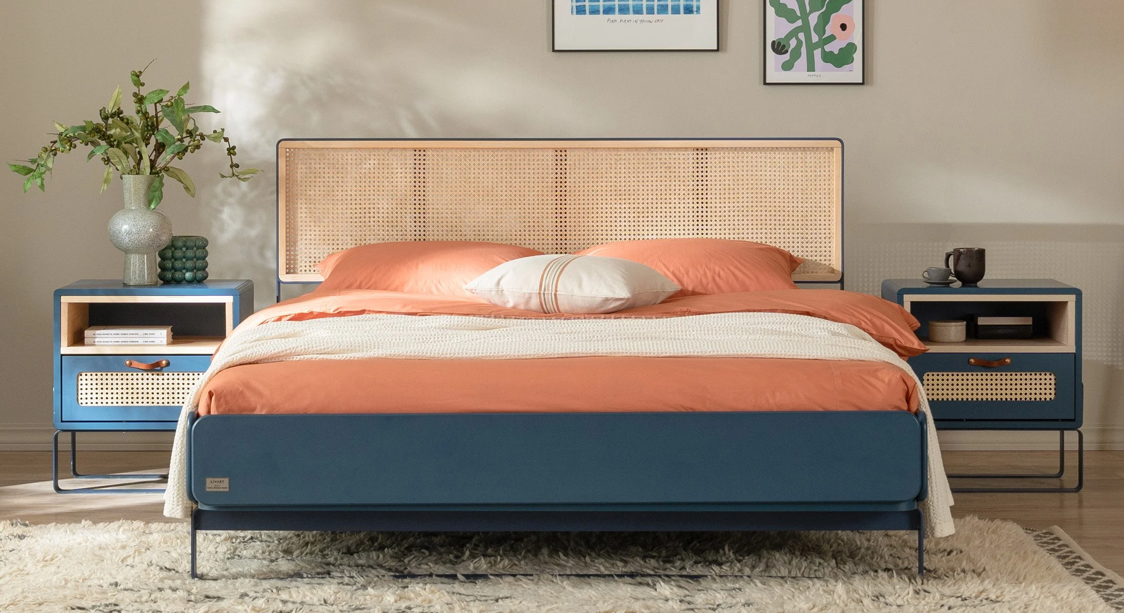 Minimalist bed and matching nightstand in a contemporary bedroom setting, designed for the international market.