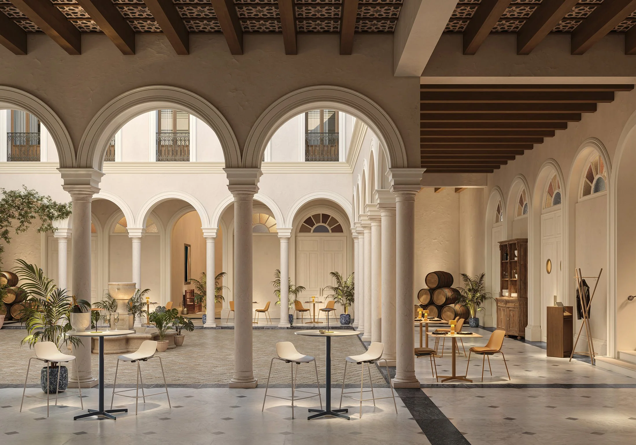 Visualización fotorrealista de un patio exterior diseñado para la serie de mobiliario de EsPattio.