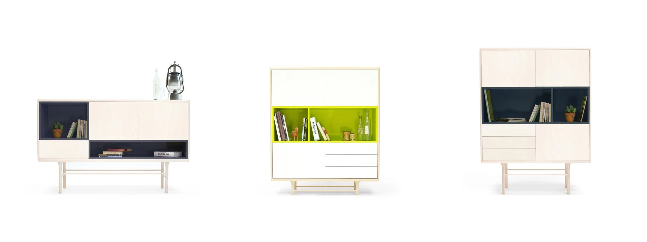 Conjunto de tres aparadores y cómodas Kaaja en varios tamaños, demostrando la versatilidad del sistema de retícula.