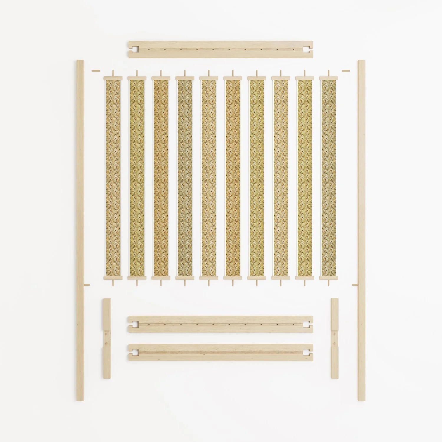 Overview of all the components that make up Nür including the ten esparto slats and the precisely machined wood parts.