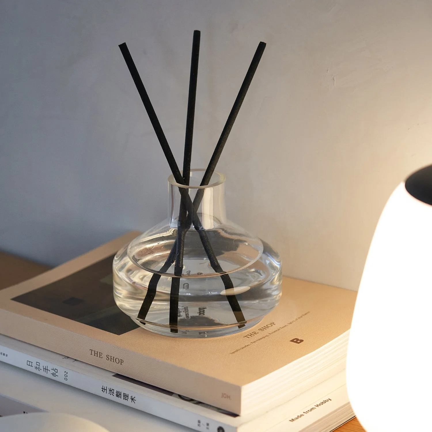 A single Geo clear glass reed diffuser resting on a stack of books in a warm, sunlit interior setting.