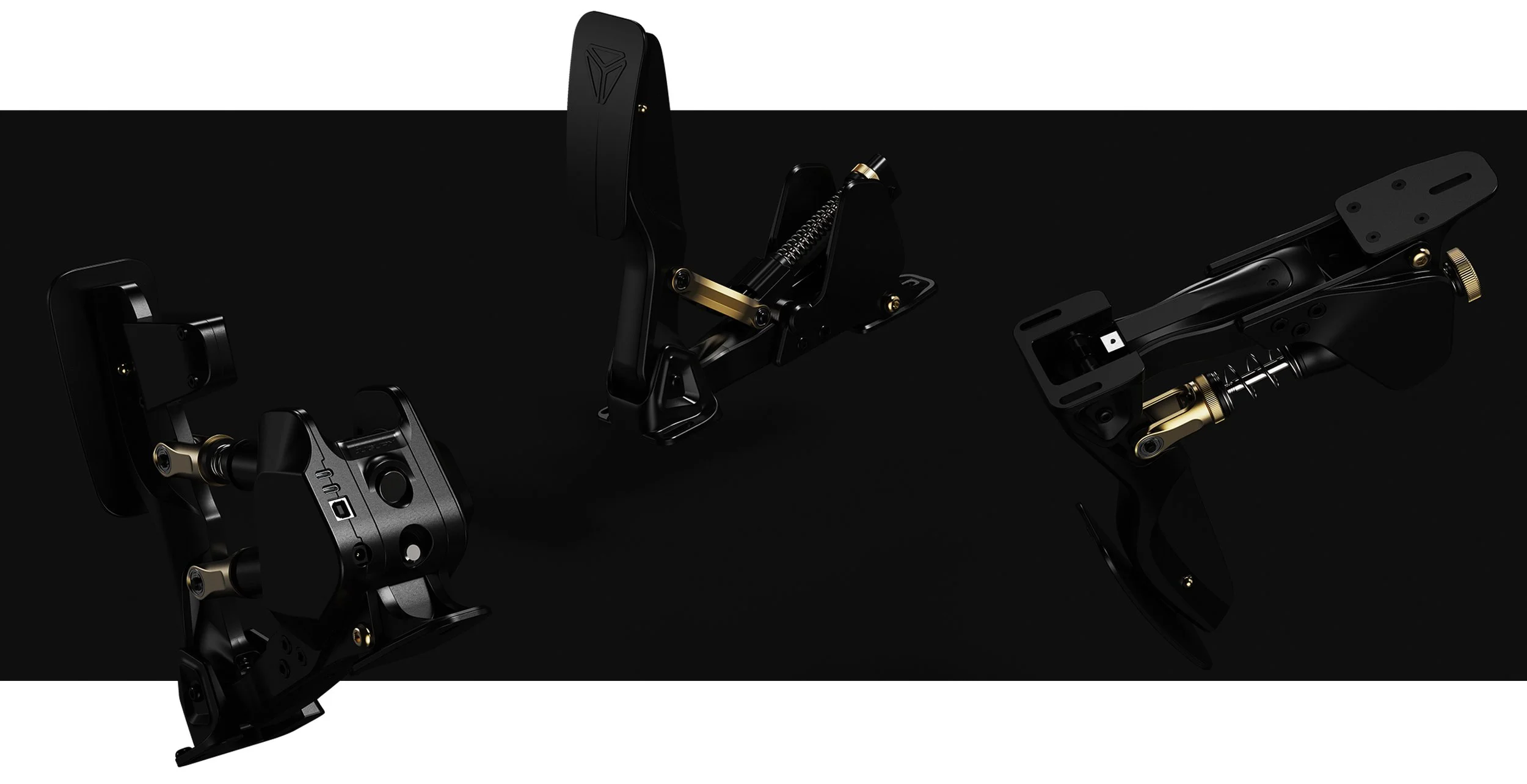 Composición con varios ángulos de los pedales AP-121, destacando el diseño minucioso y la ausencia total de cables electrónicos vistos.