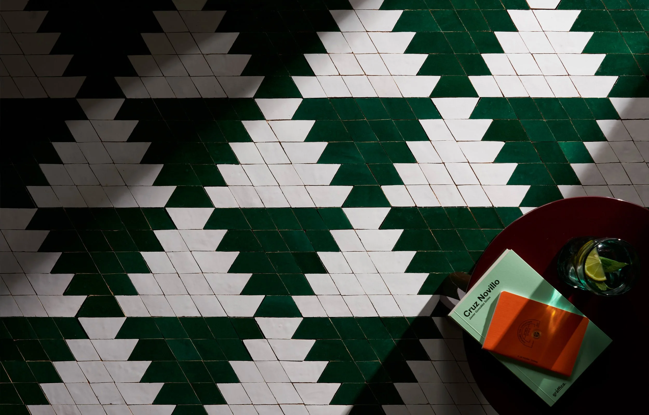 Close up of a contemporary zellige tile pattern inspired by traditional Hispano Arabic geometry.