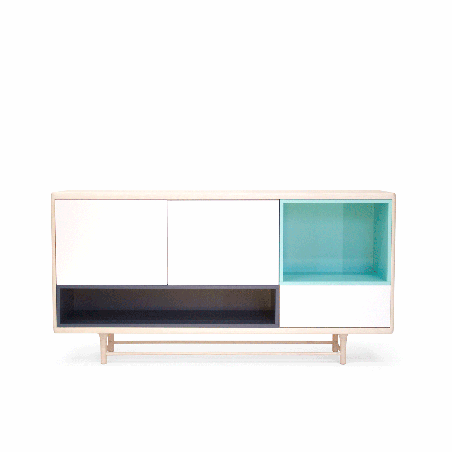 Secuencia animada que demuestra cómo los módulos Kaaja pueden reorganizarse para crear diferentes tipologías de mueble.