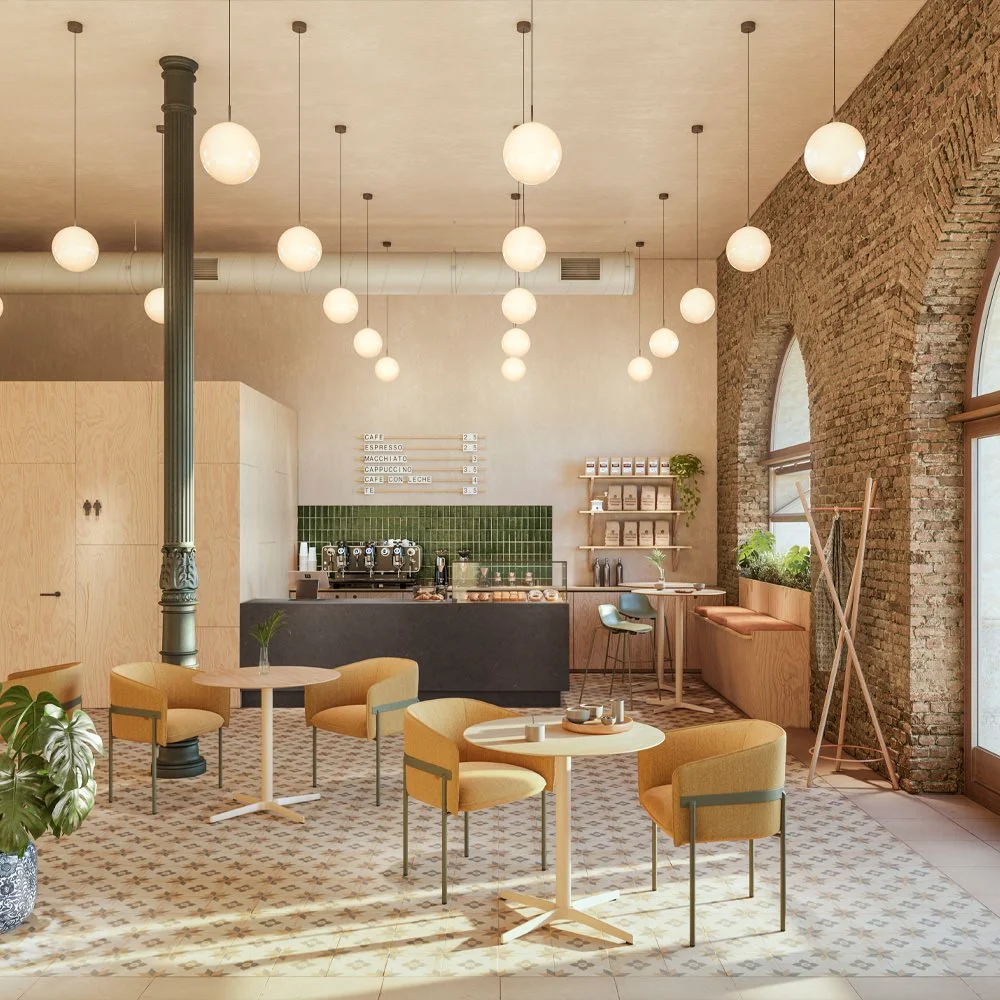 Diseño de interiores digital que enfatiza la modularidad y las variantes cromáticas de la colección de mesas.