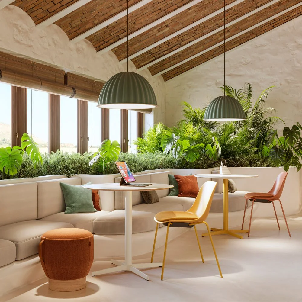 Espacio de trabajo digital creado para demostrar la aplicación profesional de las mesas Bistro en oficinas contemporáneas.