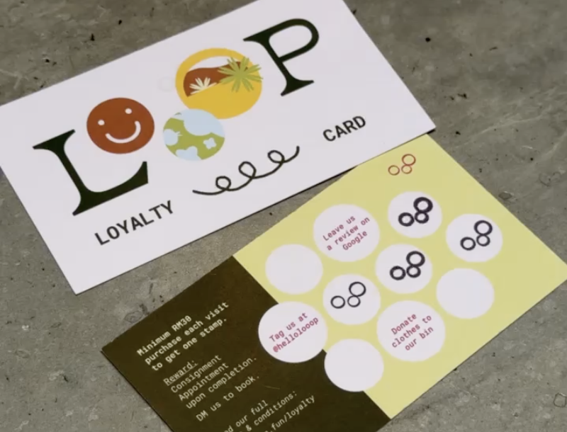 Loyalty card with the word 'LOOP' and icons of a smiley face and a globe, alongside a stamp sheet with spaces for stamps and instructions for a loyalty program.