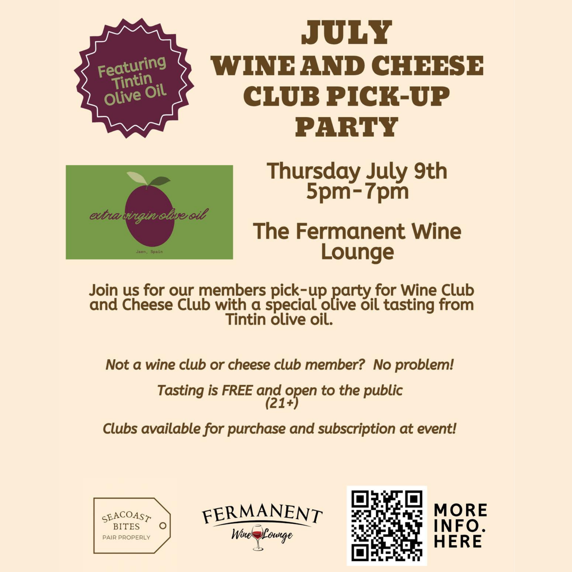 Wine &amp; Cheese Club Pick-up Party — featuring a Special Olive Oil Tasting from Tintin Olive Oil!