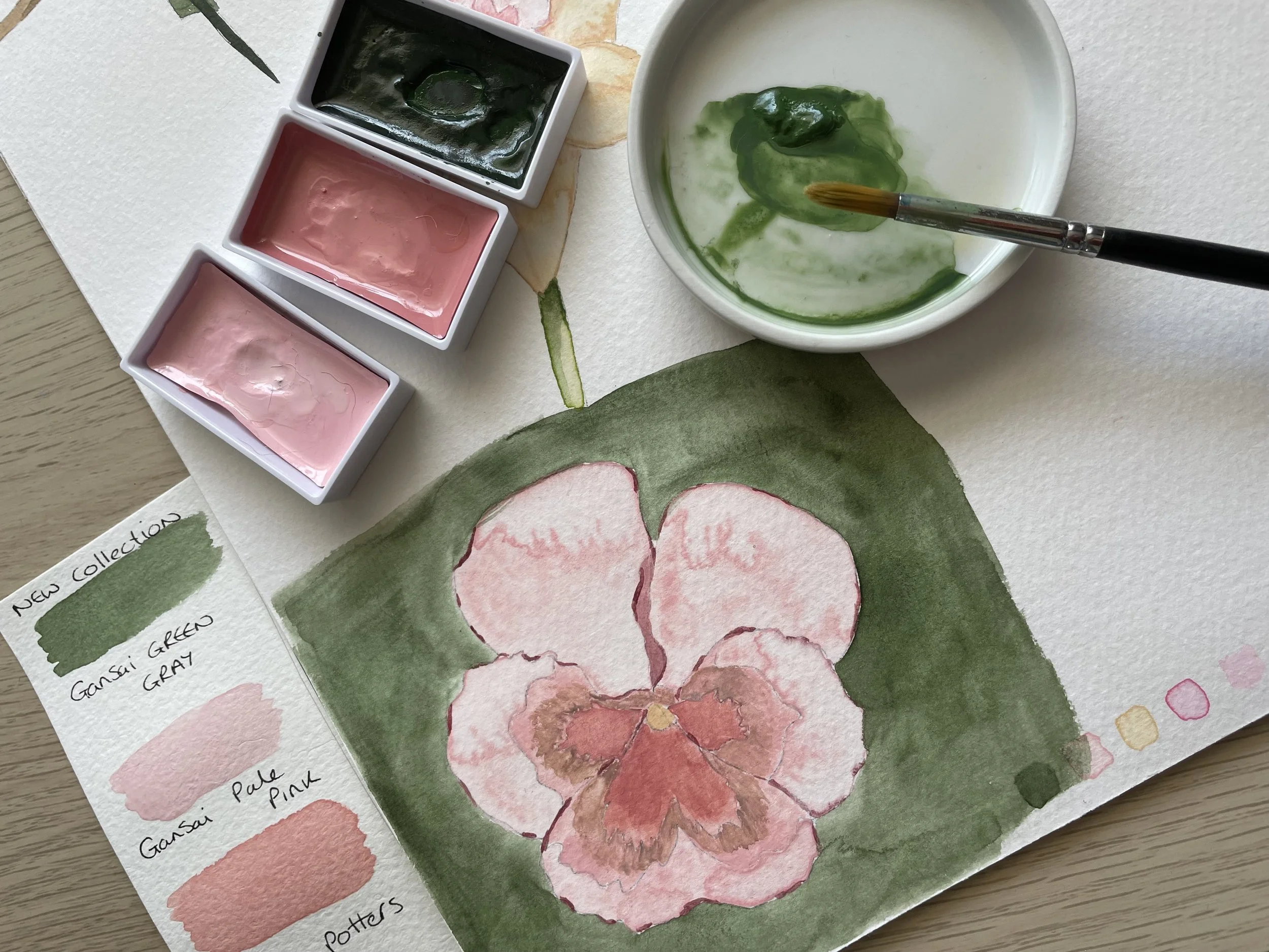 A vintage pansy painted in watercolours in a Gouache technique.