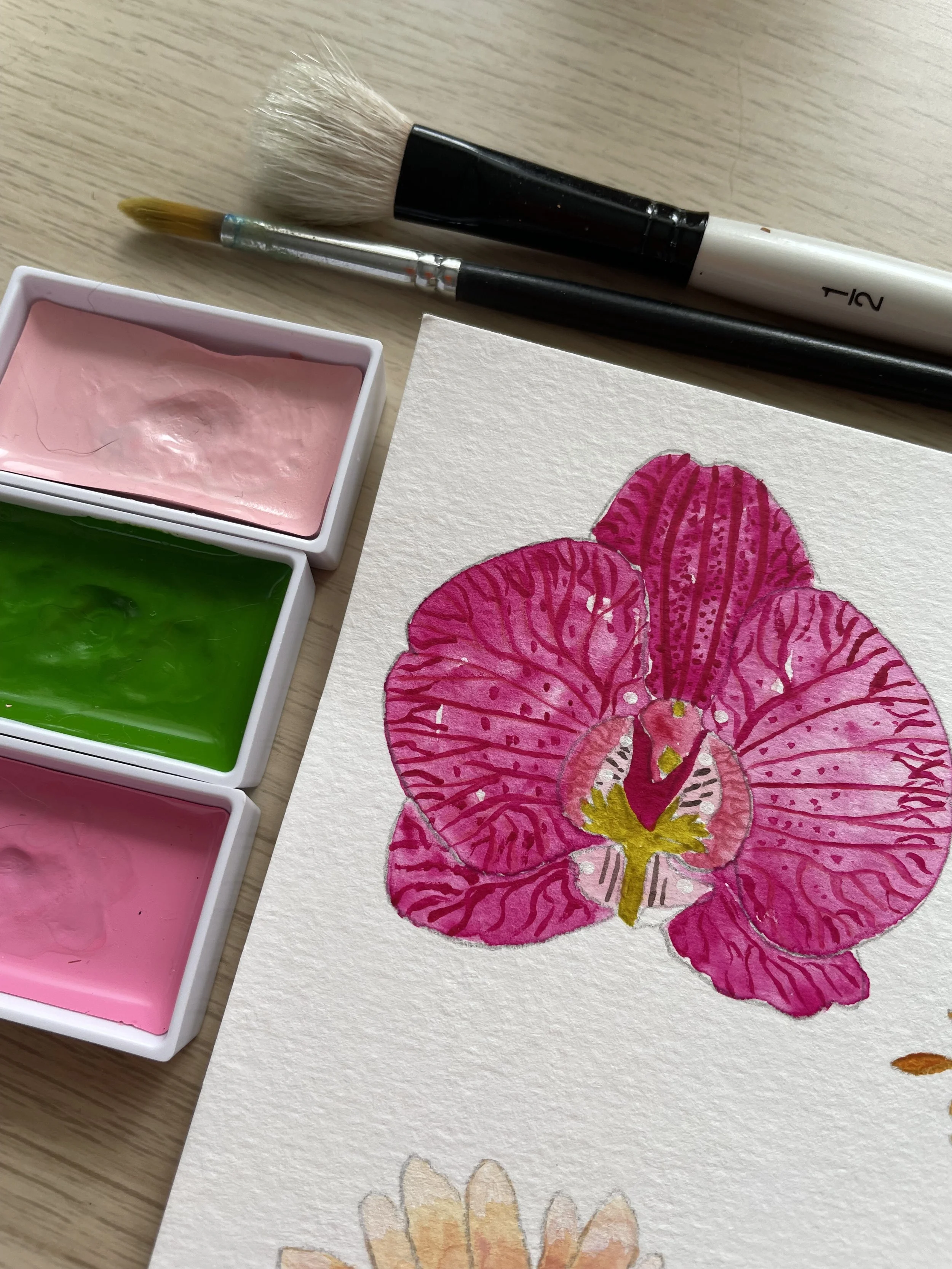 Orchid painted in Japanese Gansai watercolour paints.