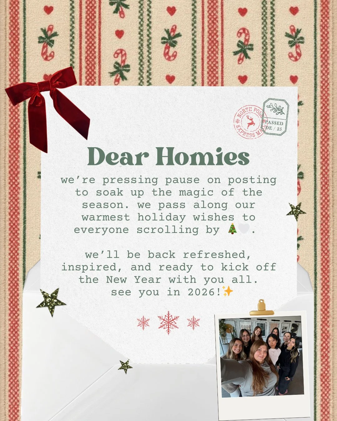 homies out! 🎄our team is taking some well-deserved time away to enjoy the holidays with family and spend some time recharging. 🤍 ⁠
⠀⠀⠀⠀⠀⠀⠀⠀⠀⁠
can't wait to chat again in 2026! 🥂