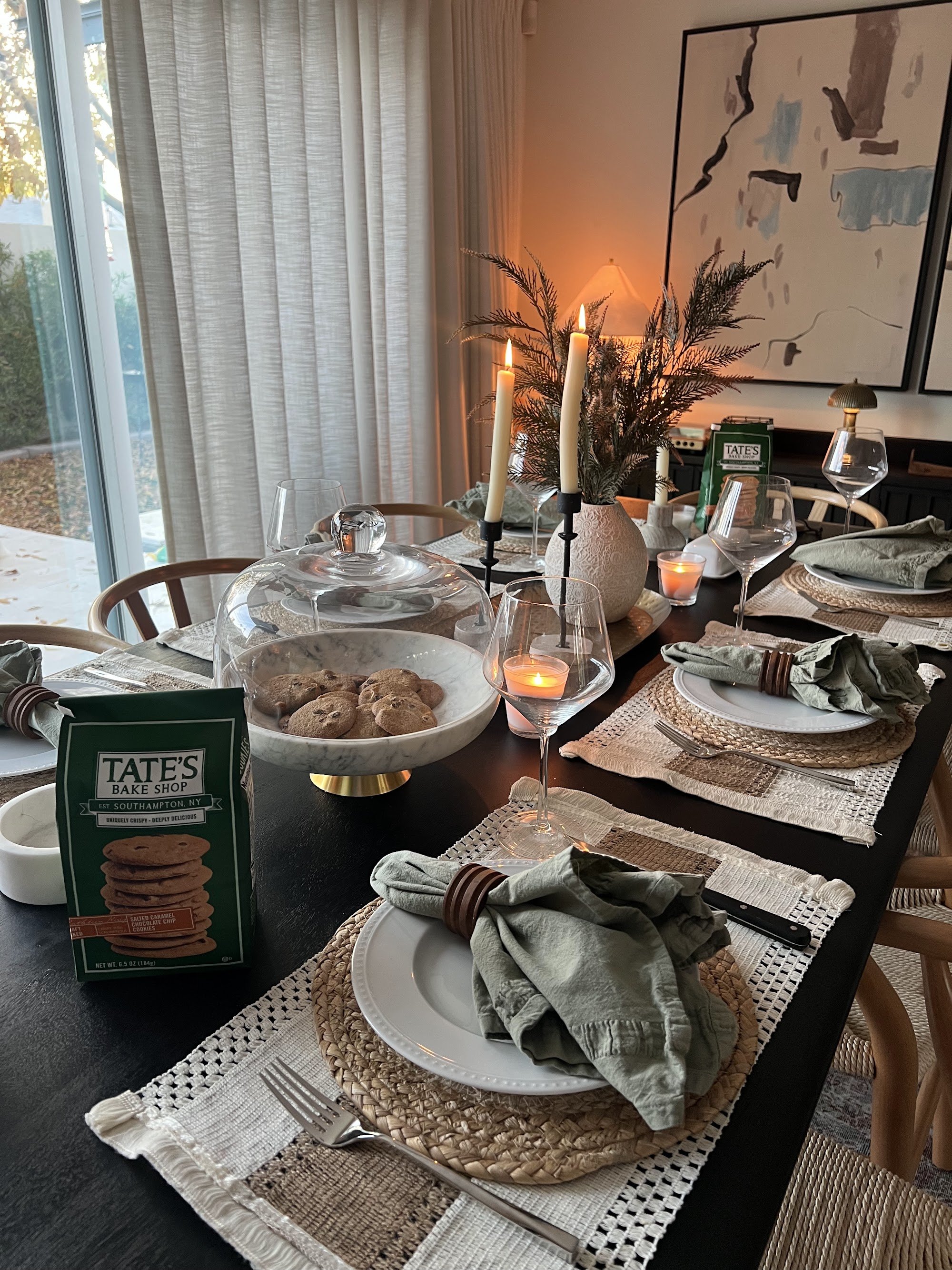 Tate's Bake Shop cookies on a candlelit dinner table, organic social content by Homemade Social for Tate's Bake Shop