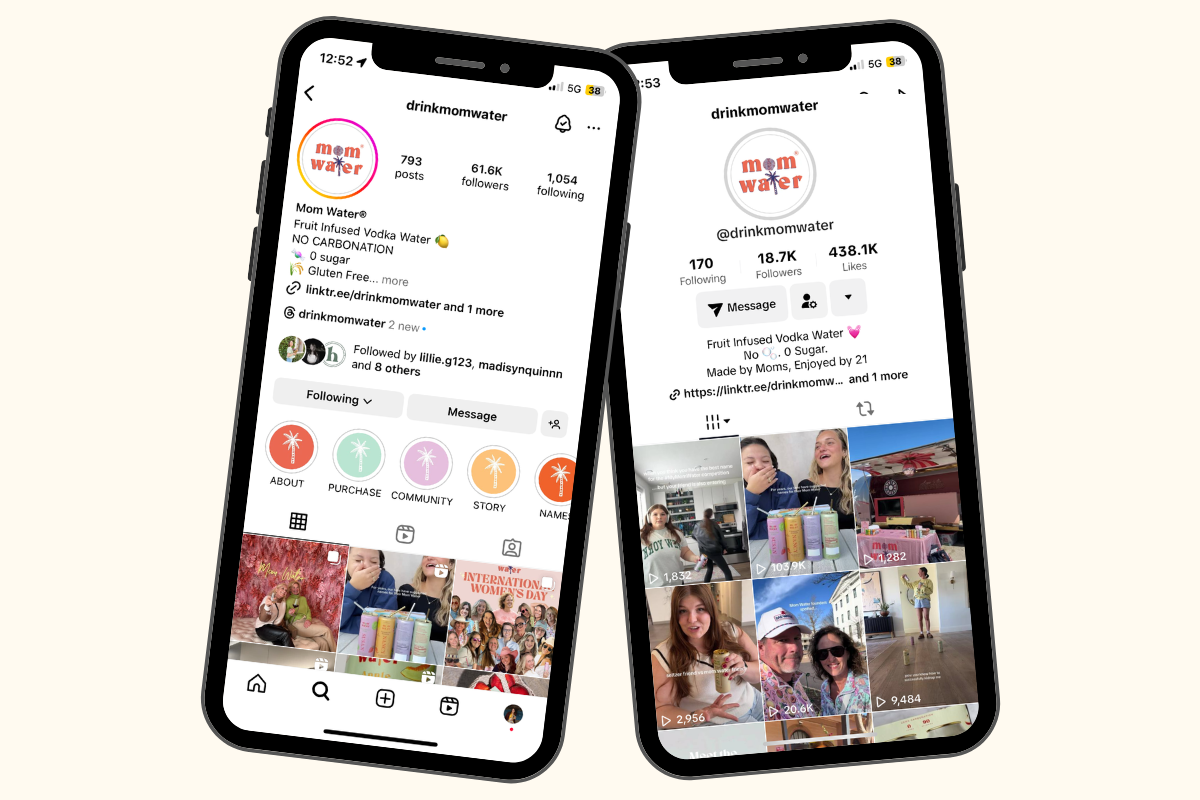 Mom Water Instagram profile on two phones, social media management and UGC by Homemade Social