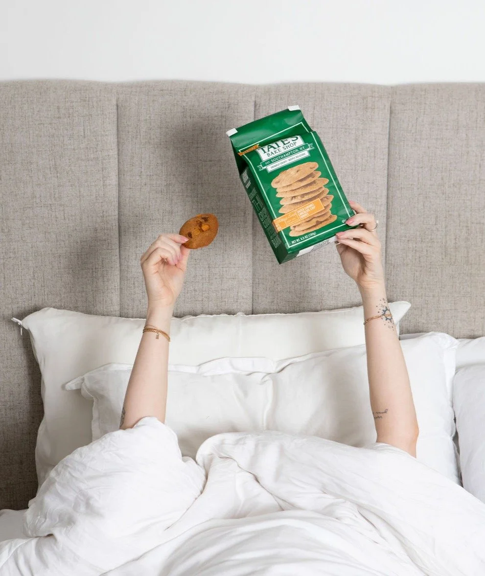 Tate's Bake Shop cookie bag held up in bed, social content created by Homemade Social