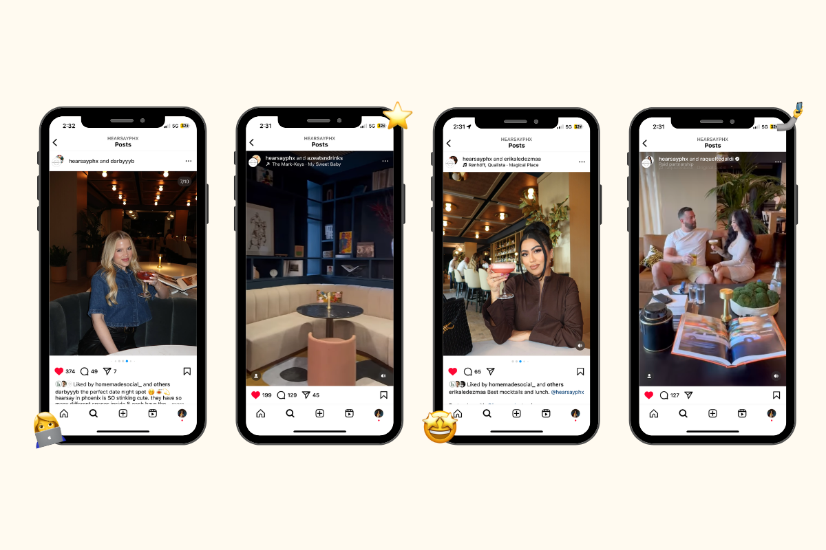 Episcope Hospitality creator posts from the Biltmore District venue launch in Phoenix, shown as Instagram phone mockups by Homemade Social