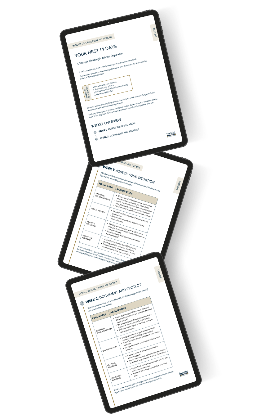 Mockup of the first 3 pages of the Insight Divorce Coaching 14-day timeline download