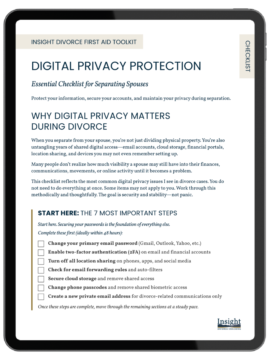 Insight Divorce Coaching Digital Privacy Checklist on tablet
