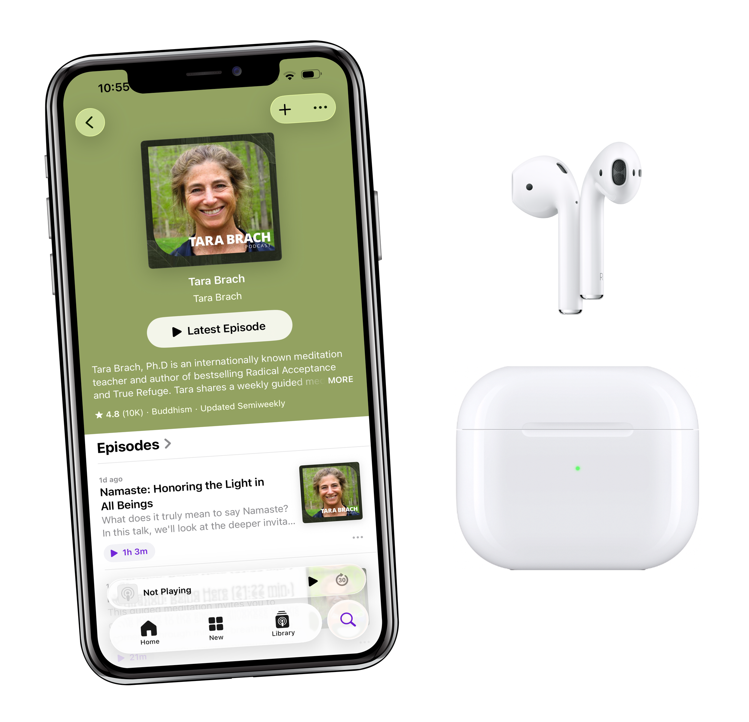 Tara Brach podcast shown on a phone screen next to a pair of wireless earbuds and charging case.