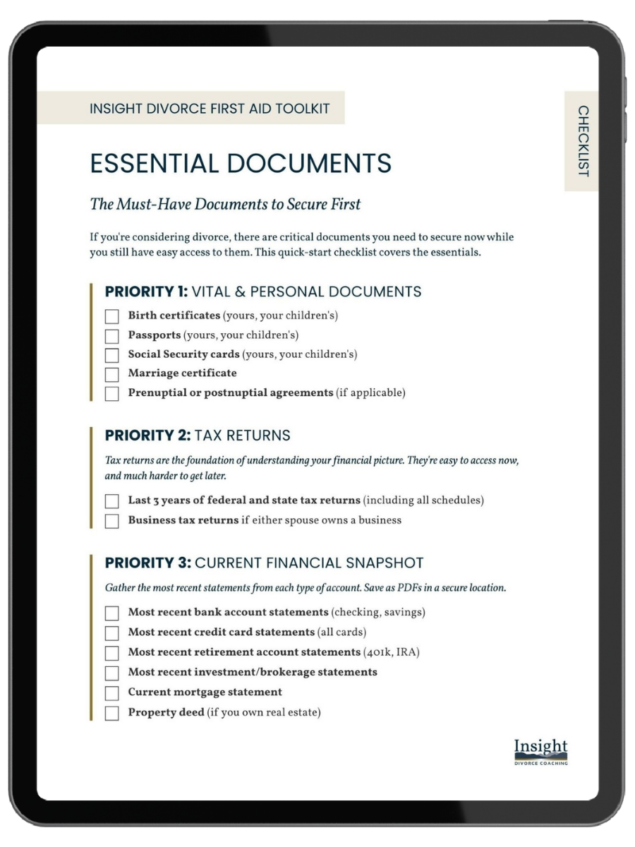 Insight Divorce Coaching Essential Documents Checklist on tablet