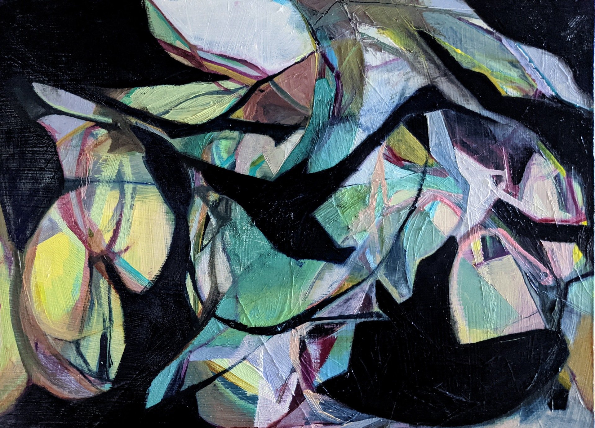 Julie Waltz-Stalker, "Push Me/Pull You," oil on board, 9 x 12 inches.
