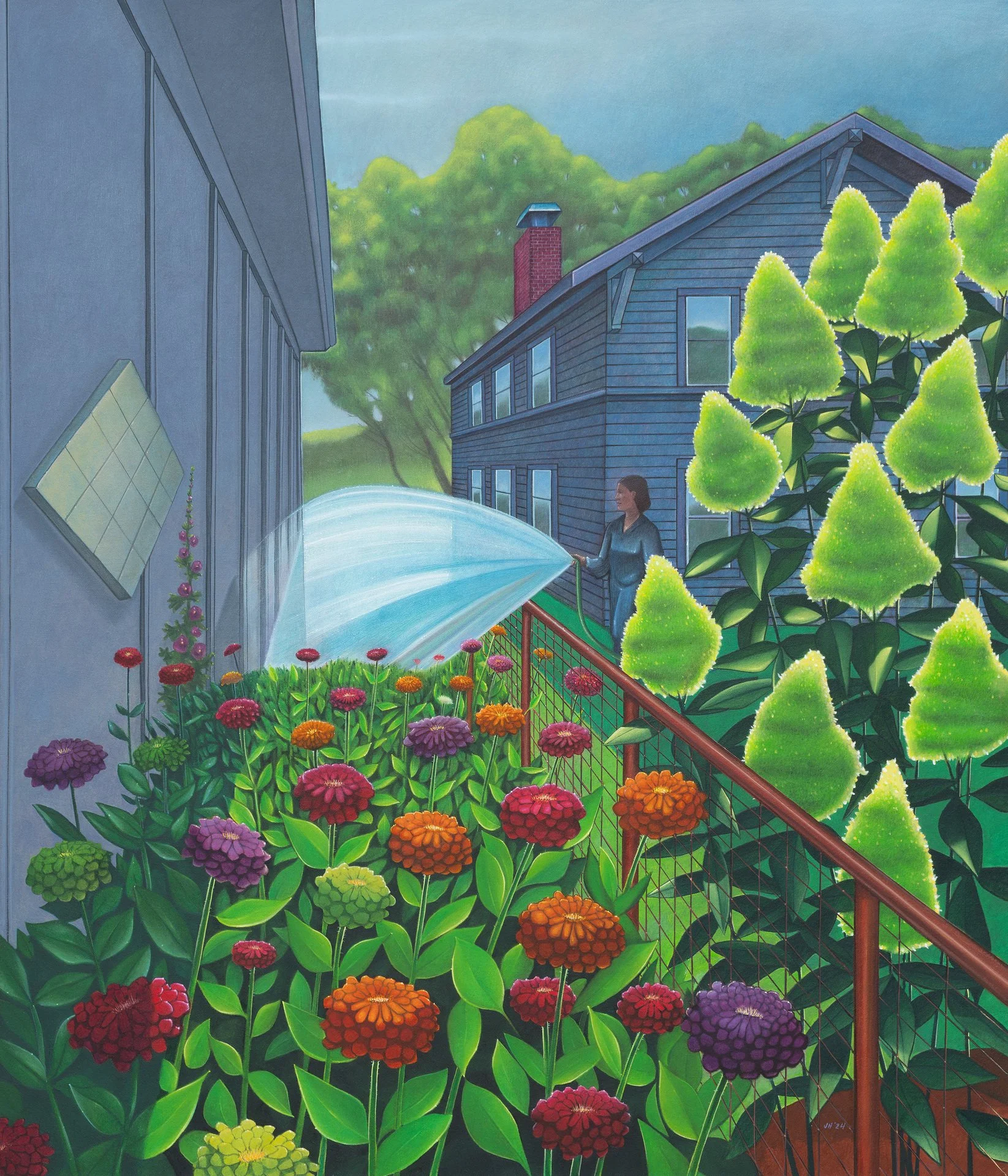 John Hrehov, "Neighbors Flowers," oil on canvas, 42 x 36 inches.