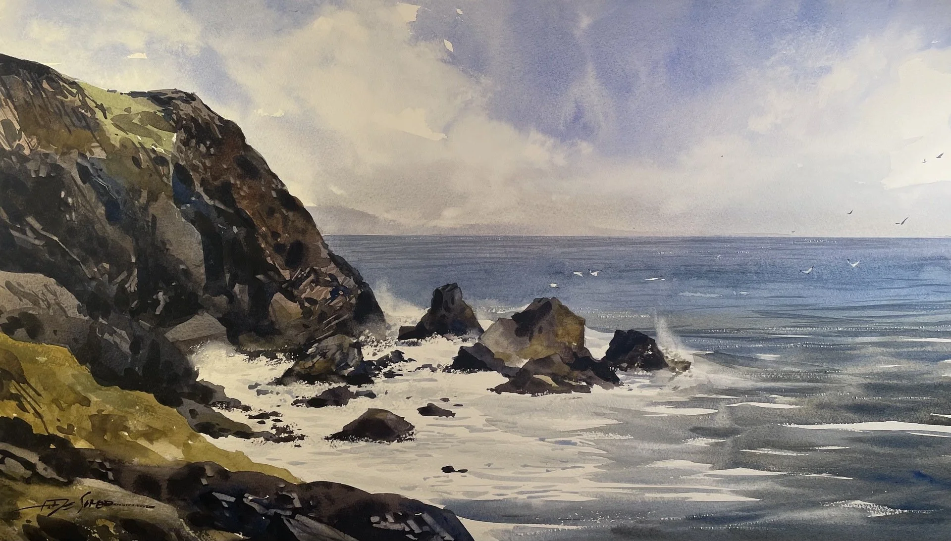 Thomas De Somer, "Land's End," transparent watercolor on paper, 16 x 28 inches.