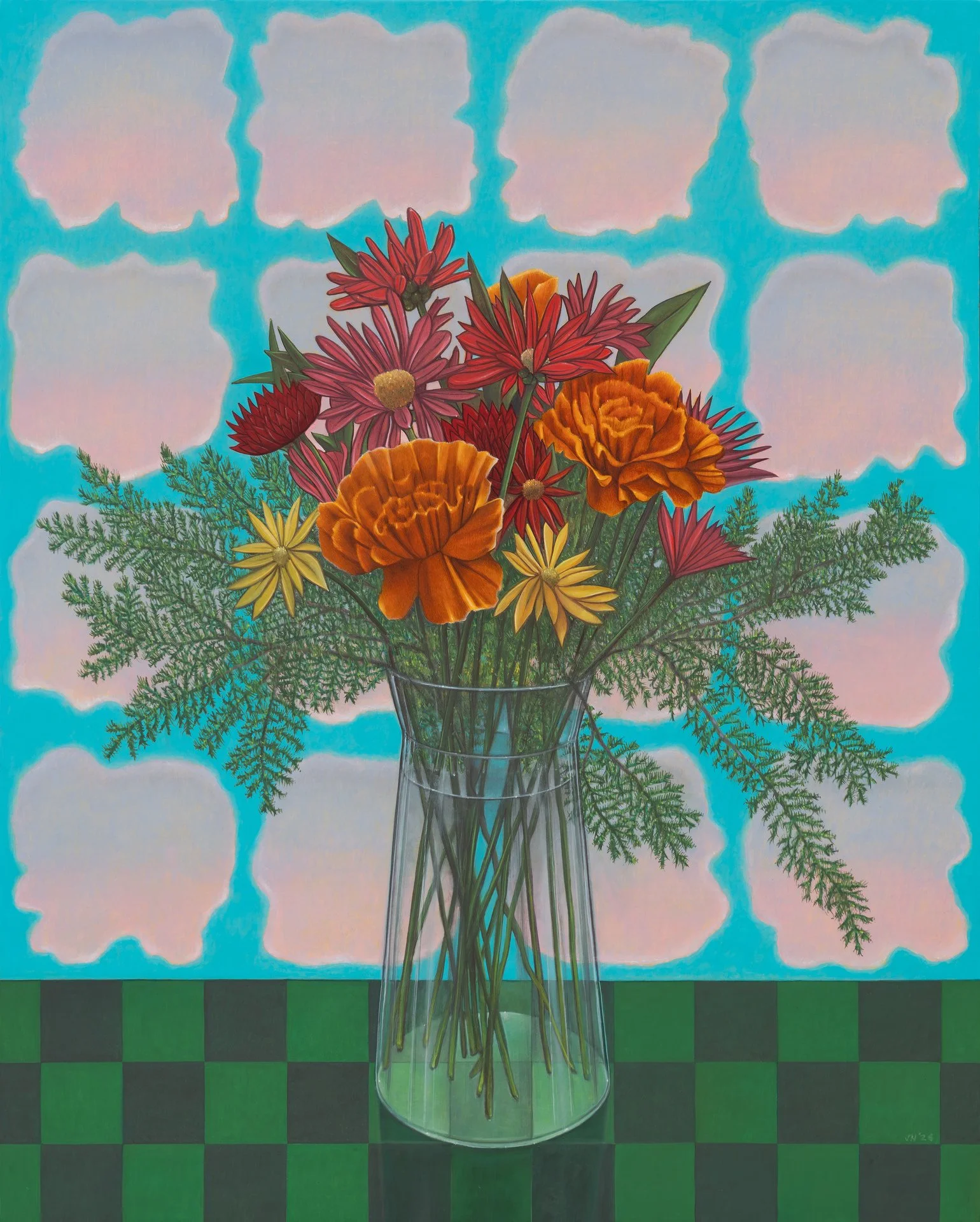 John Hrehov, "Bouquet With Grid," oil on panel, 30 x 24 inches.