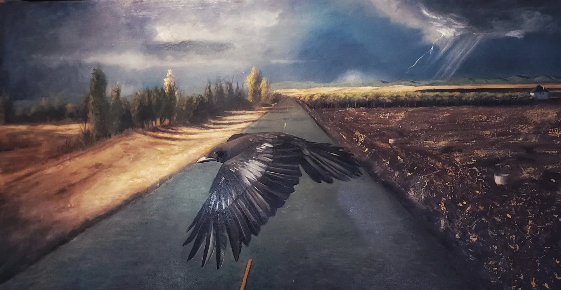 Denise Monaghan, "As the Crow Flies," oil on cradled birch, 12 x 20 inches.