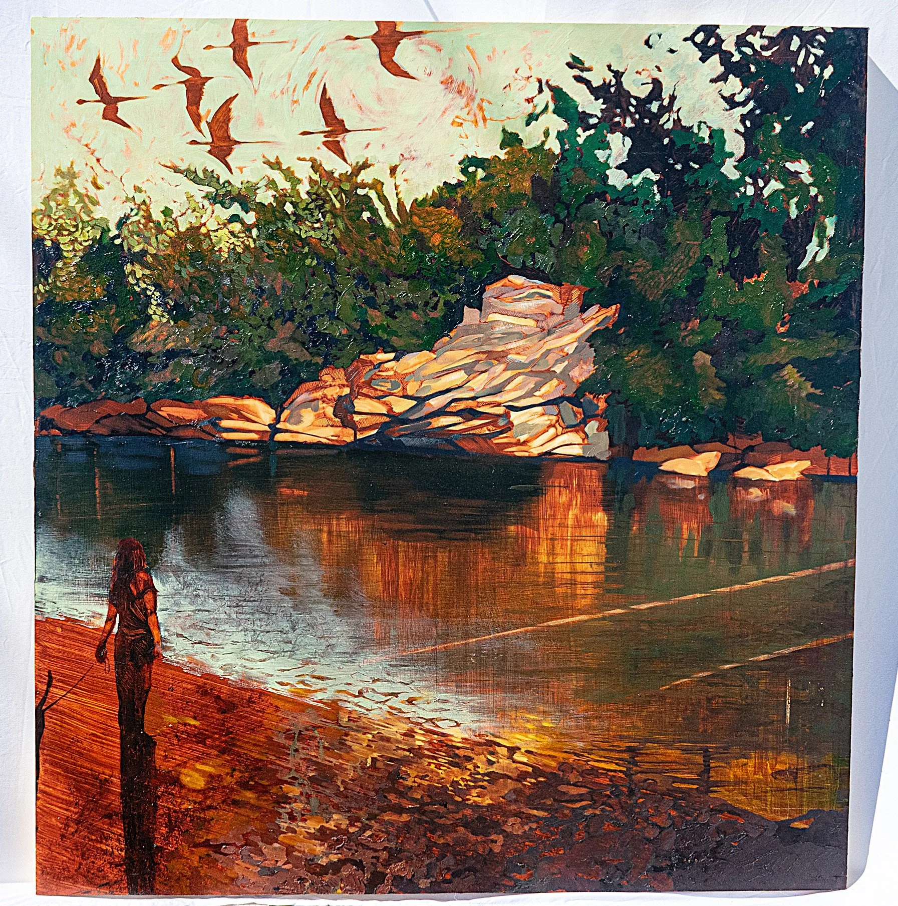 Bridget O'Brien, "Sandhill Cranes Barking," oil on panel, 48 x 48 inches.