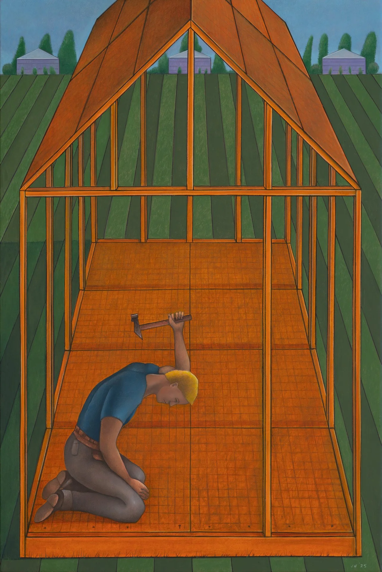 John Hrehov, "Building A Home," oil on canvas, 27 x 18 inches.